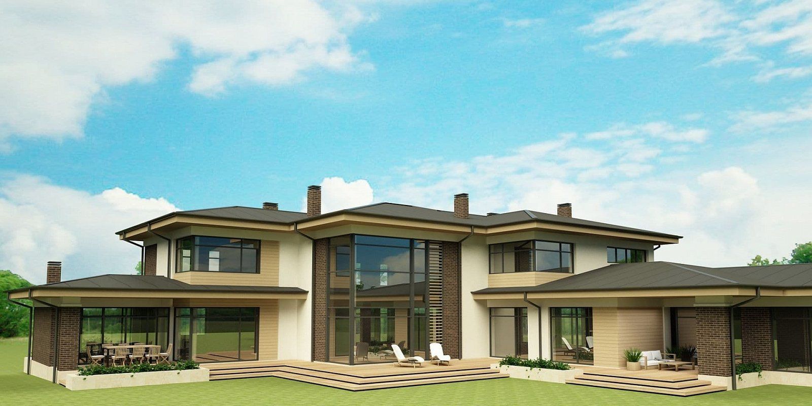 Проект дома в стиле Райта с панорамными окнами
