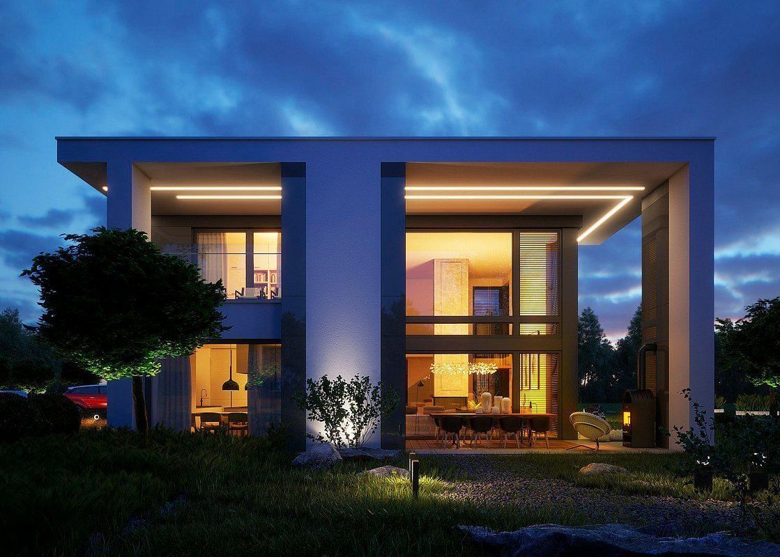 Подсветка фасада современного дома с панорамными окнами