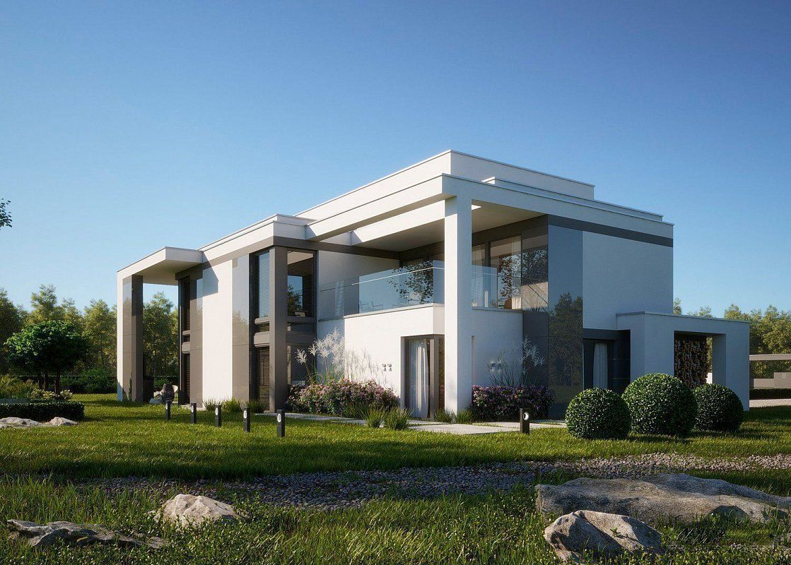 Проект дома с панорамными окнами и крытой террасой